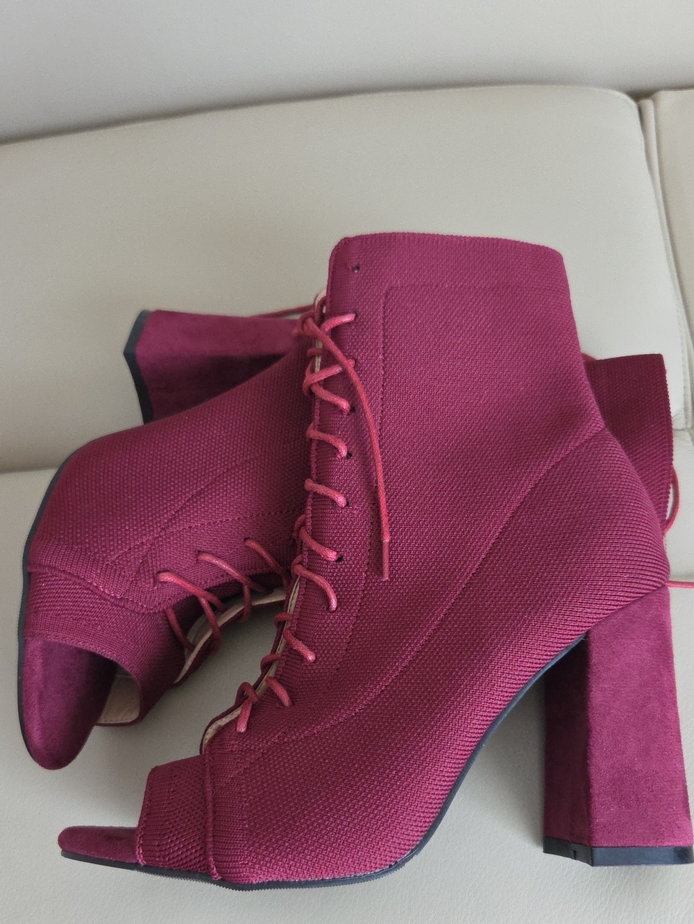 Lace-Up Open-Toe Heeled Booties in Berry